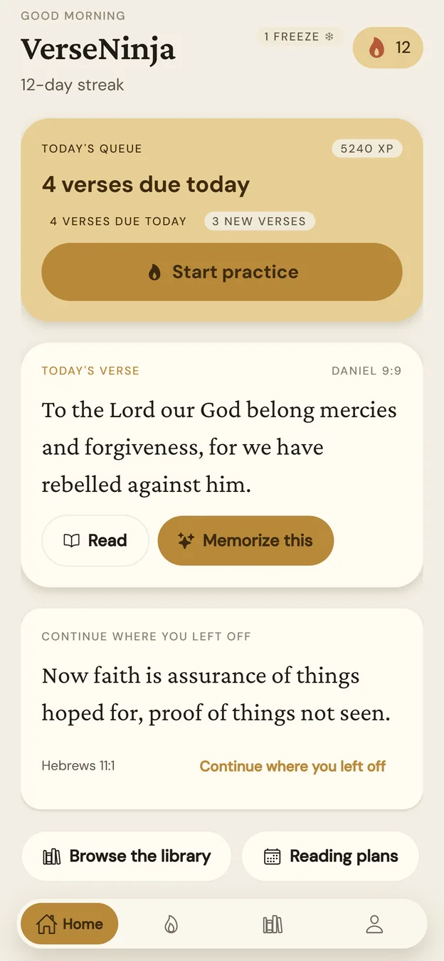 Home — today's queue and verse of the day